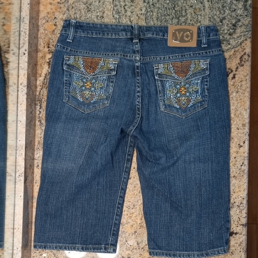 Virgin Only Denim Classic Capris with Embroidery & Rhinestone Detailing. Size 6